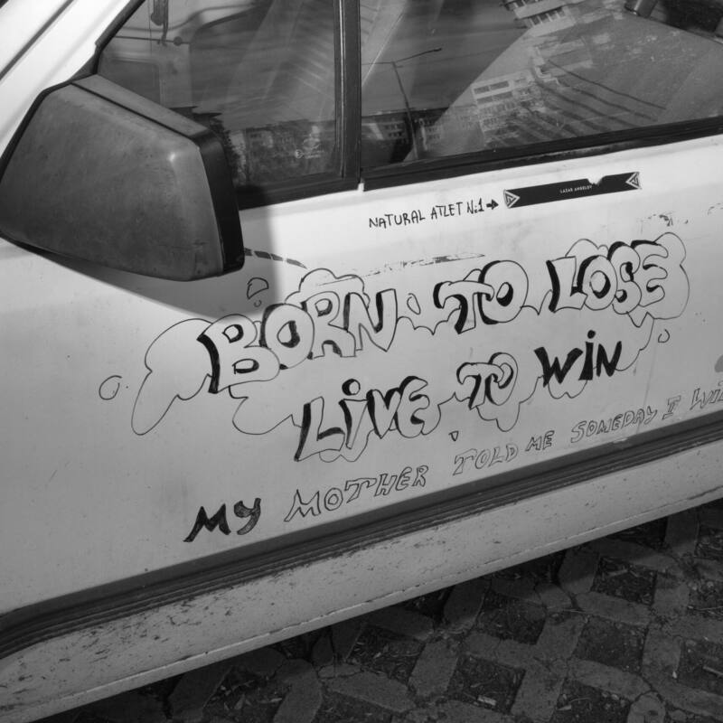 Born to lose, live to win — sequenced street series still (graffiti on a car door)