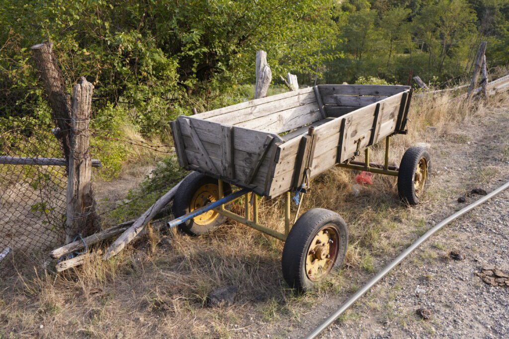 Wooden cart with yellow chassis