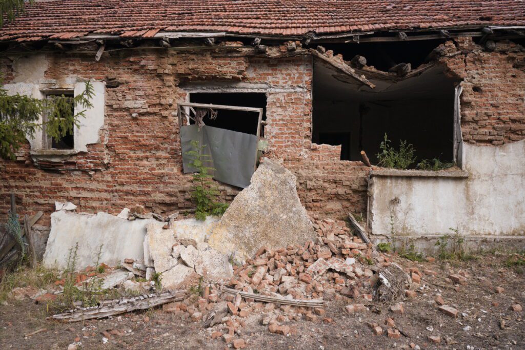 Collapsed brick wall and rubble