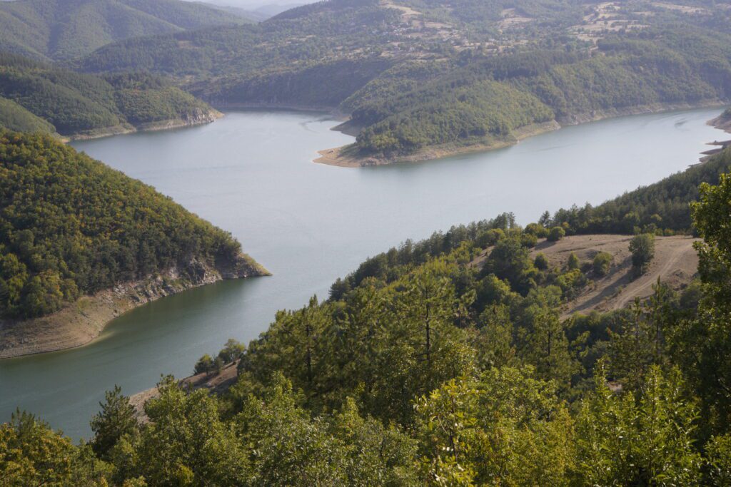 Winding reservoir through forested hills