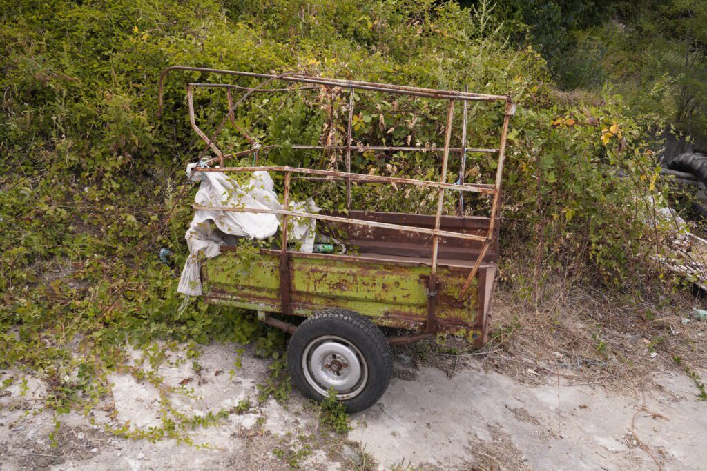Rusted cage trailer in the brush