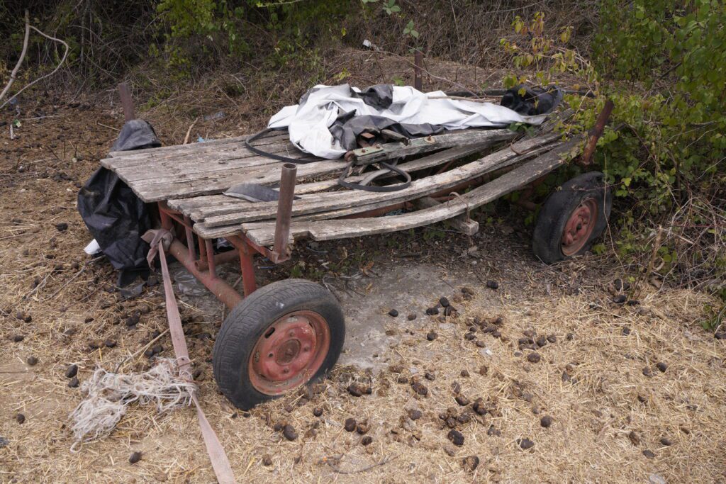 Abandoned wooden farm trailer