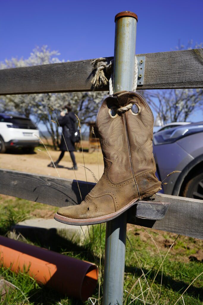 Worn cowboy boot tied to a fence