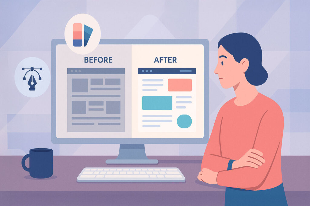 Illustration of a person preparing for a website redesign with checklists and screen comparisons – website redesign preparation guide