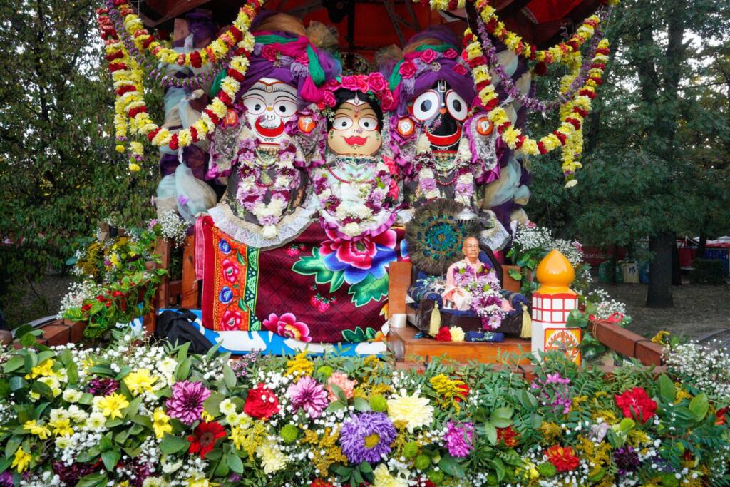 Jagannath, Balabhadra, and Subhadra Beneath Flower Garlands