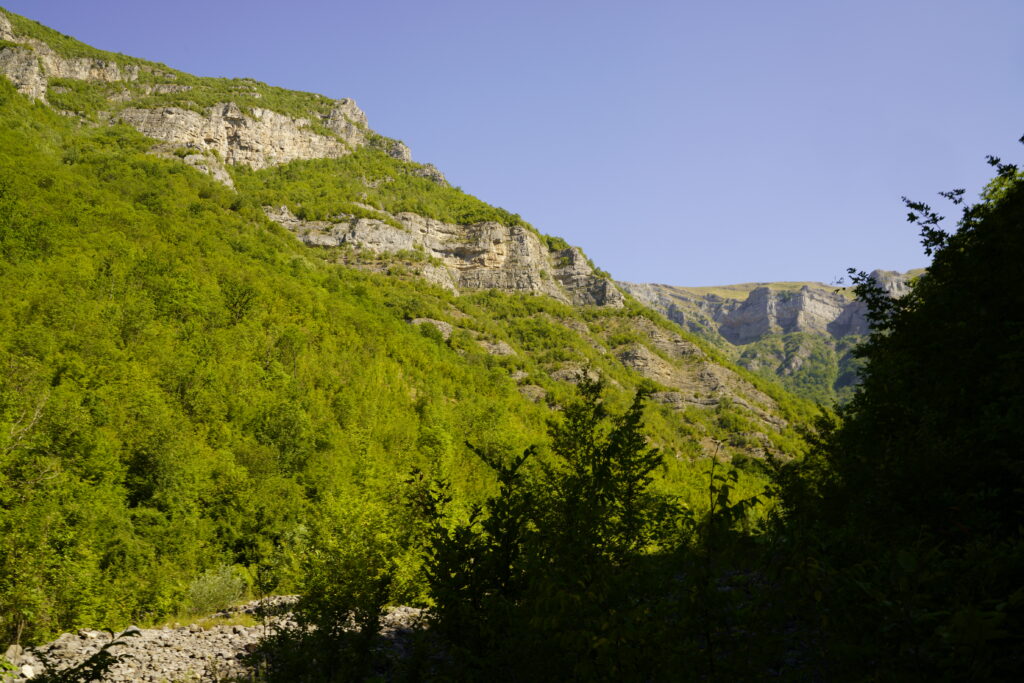 Forested slopes and limestone bands in shadow